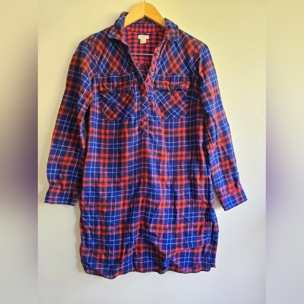 J.Crew,  Flannel Shirt Dress with Pockets, Red/Blue Plaid, Size‎ XS